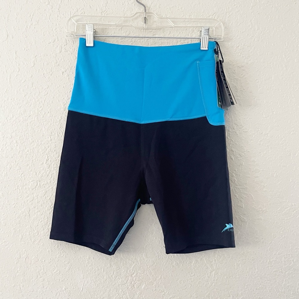 DELFIN Power Kler High Rise Compression Shorts Black Blue Size Medium NWT